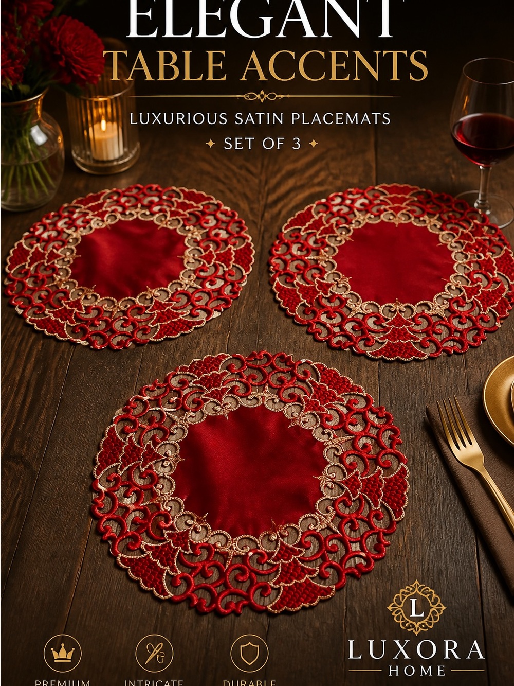 Elegant Satin Red Round Placemats - Set of 3